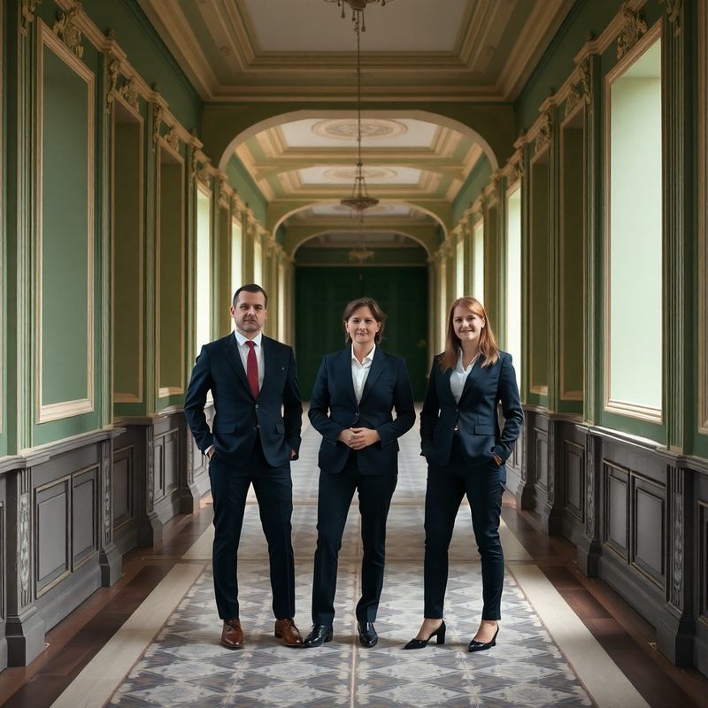 Three Central European professionals in business attire in a forest-green and cream corridor
