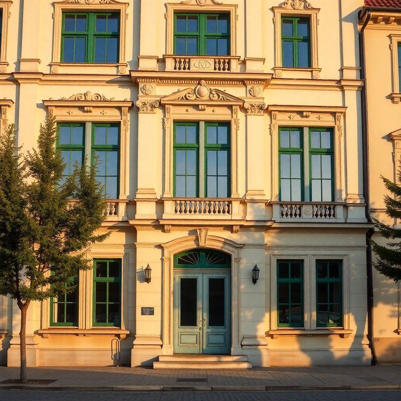 Baroque civic building facade in cream stone with forest-green window frames, Trenčín