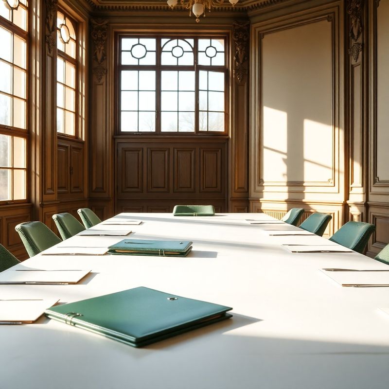 Sunlit Slovak meeting table with forest-green leather folder and cream stationery
