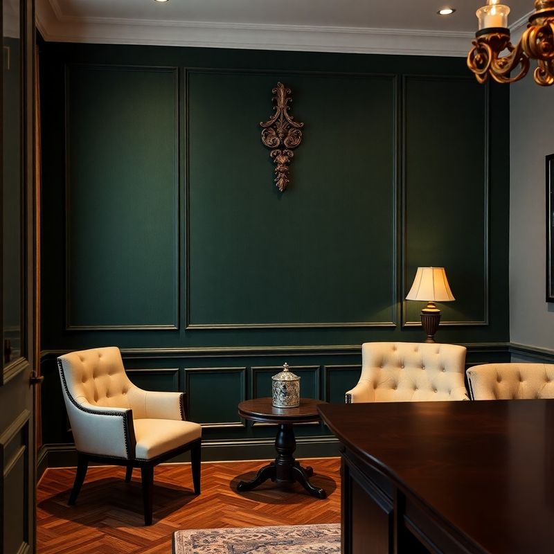 Discreet Central European advisory office with forest-green wall panel and cream upholstered chairs