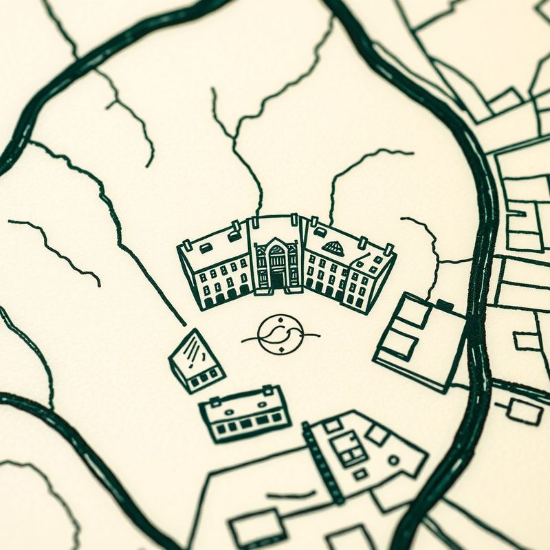Hand-drawn map detail in forest green ink on cream paper showing Mierové námestie in Trenčín